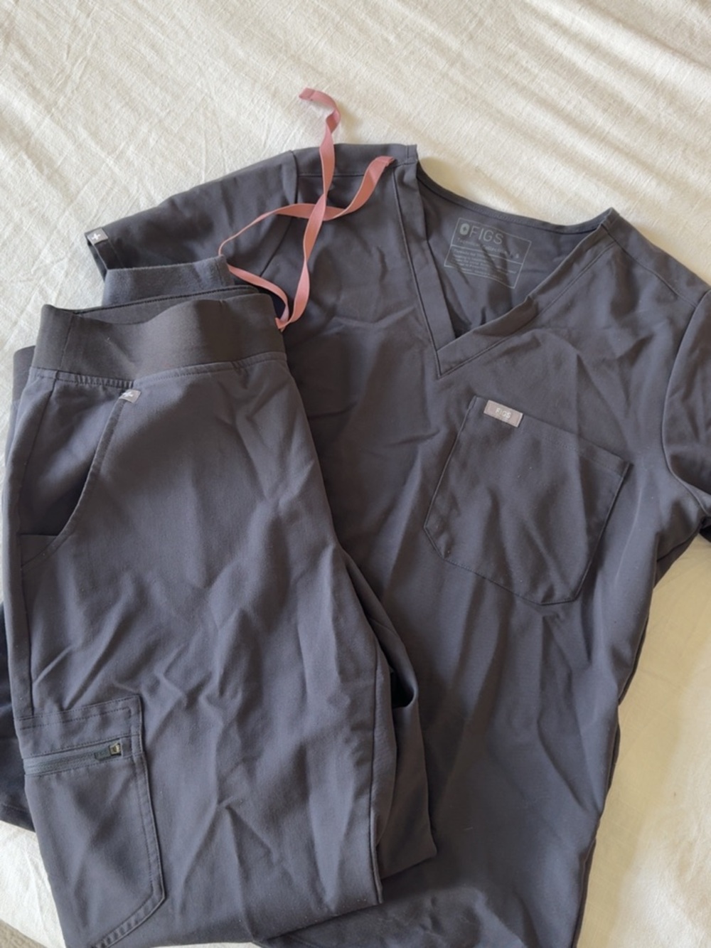 Figs Charcoal Gray Scrub Top and Pants with Pink Drawstring